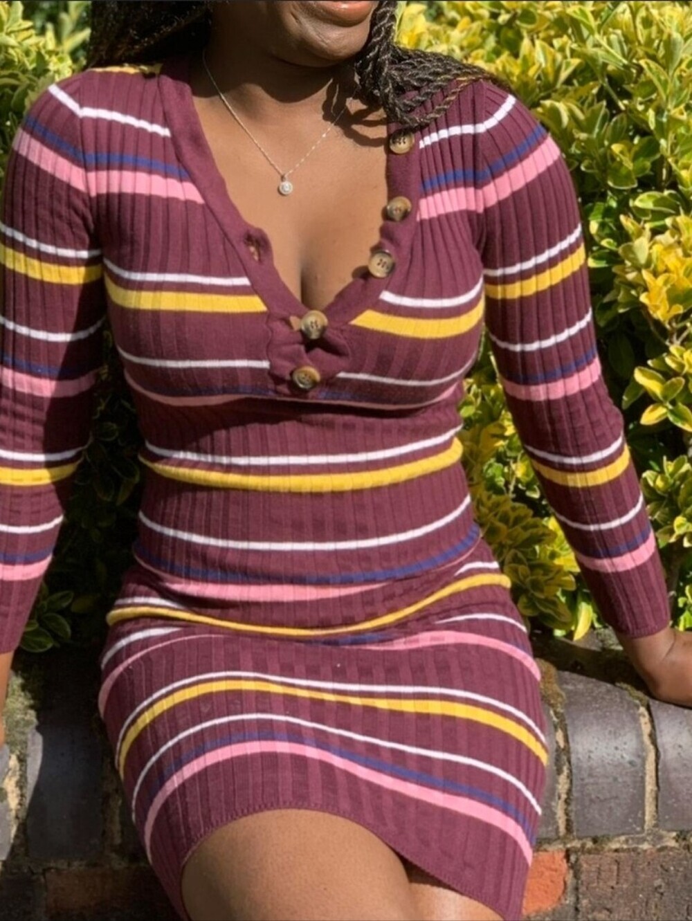Striped Ribbed Long Sleeve Knit Dress Large